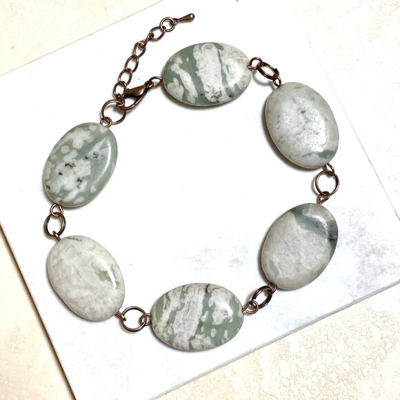 2/$20, Green Flower Agate Boho Bracelet, Large Genuine Gemstone + Copper Links - Picture 3 of 14